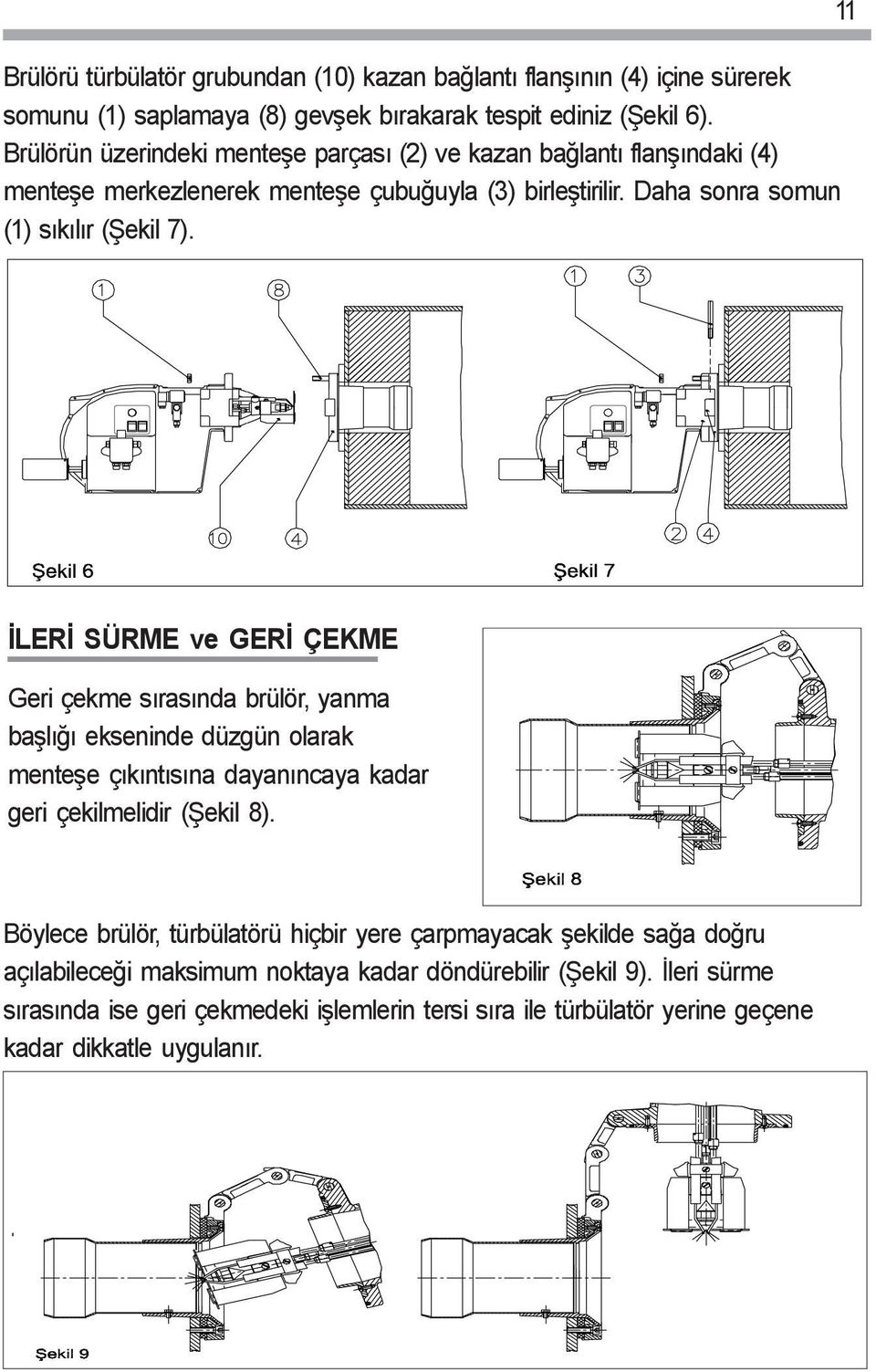 11 ÝLERÝ SÜRME ve GERÝ ÇEKME Geri çekme sýrasýnda brülör, yanma baþlýðý ekseninde düzgün olarak menteþe çýkýntýsýna dayanýncaya kadar geri çekilmelidir (Þekil 8).