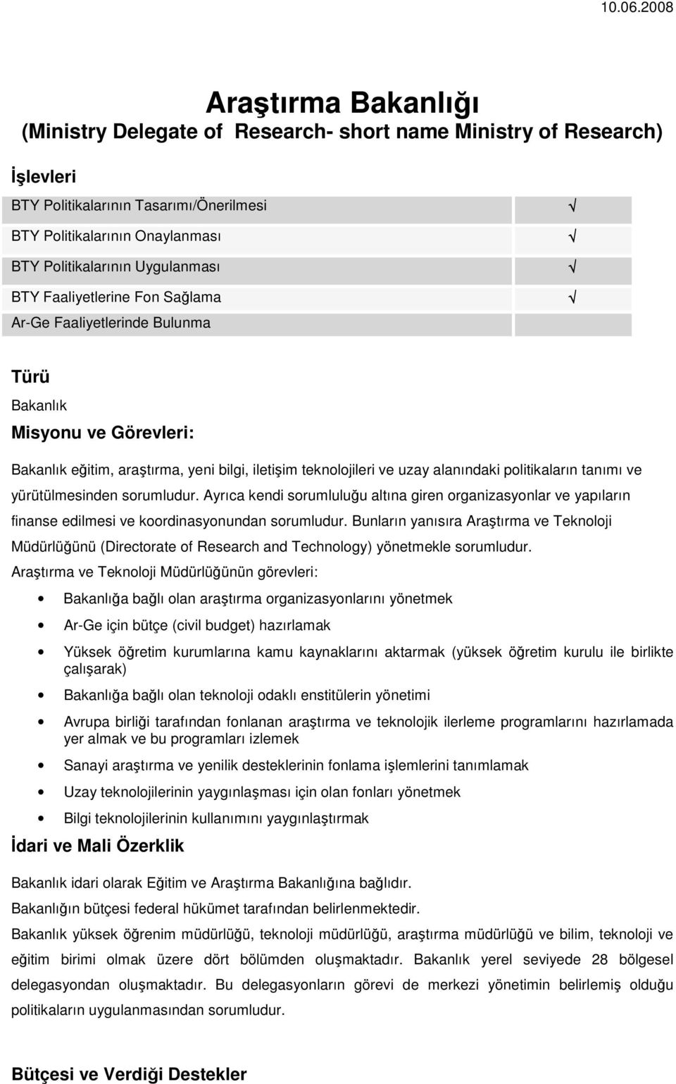 Bunların yanısıra Araştırma ve Teknoloji Müdürlüğünü (Directorate of Research and Technology) yönetmekle sorumludur.