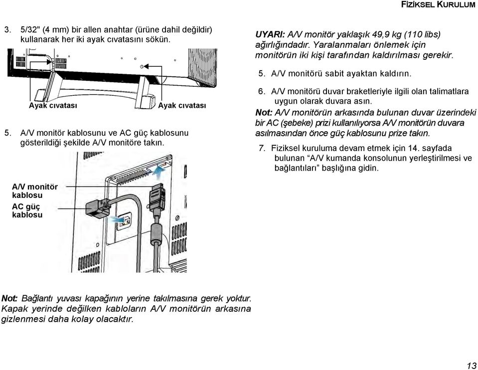 A/V monitör kablosunu ve AC güç kablosunu gösterildiği şekilde A/V monitöre takın. 6. A/V monitörü duvar braketleriyle ilgili olan talimatlara uygun olarak duvara asın.