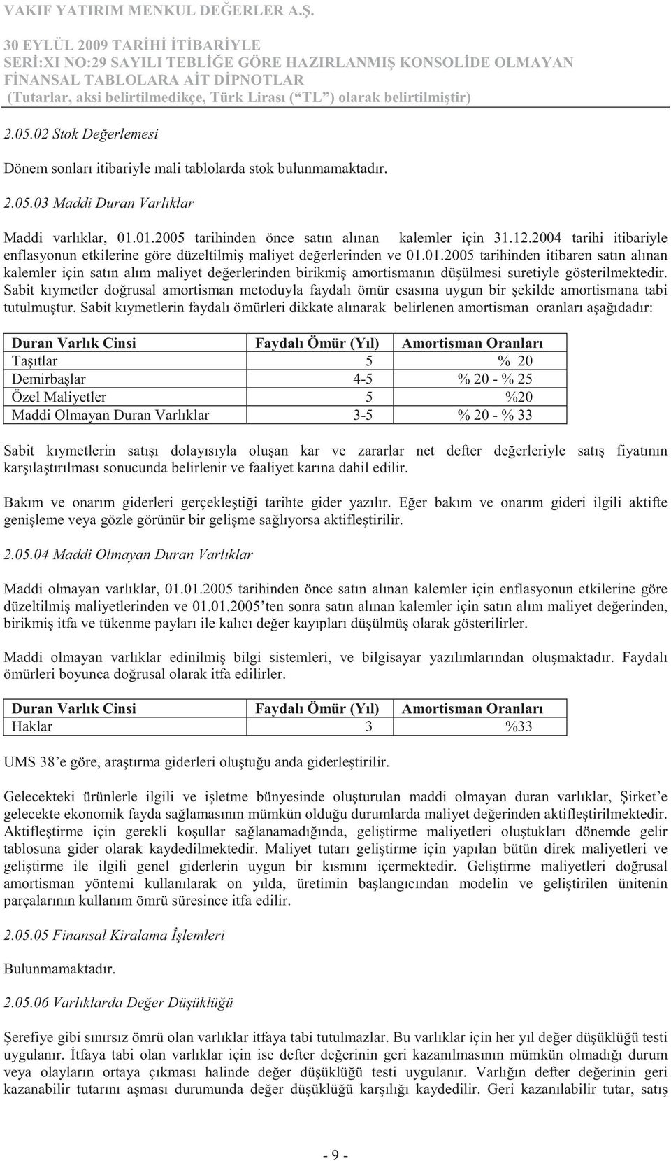 01.2005 tarihinden itibaren satın alınan kalemler için satın alım maliyet de erlerinden birikmi amortismanın dü ülmesi suretiyle gösterilmektedir.