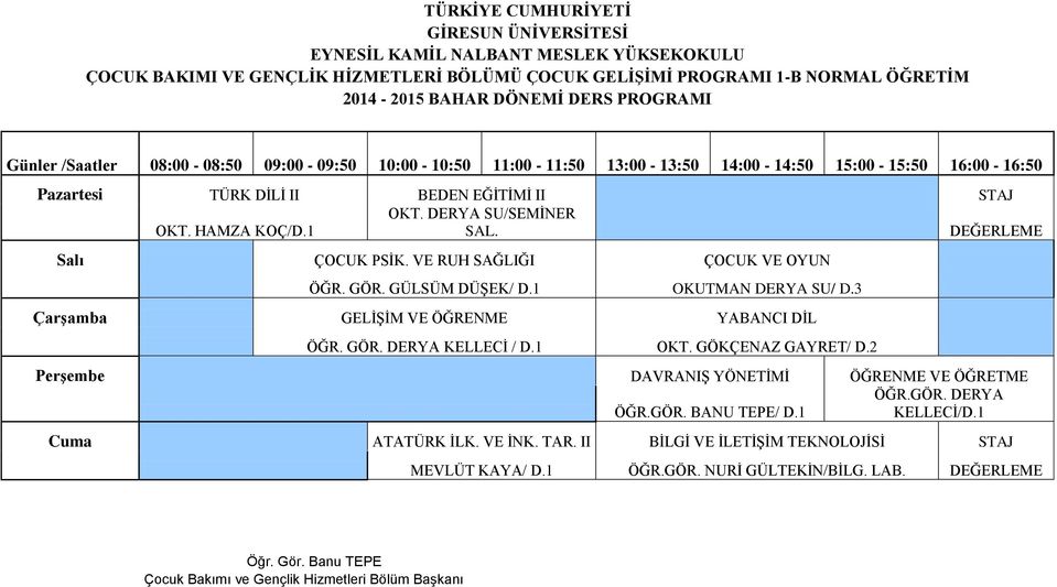 GÜLSÜM DÜŞEK/ D.1 OKUTMAN DERYA SU/ D.3 Çarşamba GELİŞİM VE ÖĞRENME YABANCI DİL ÖĞR. GÖR. DERYA KELLECİ / D.1 OKT. GÖKÇENAZ GAYRET/ D.