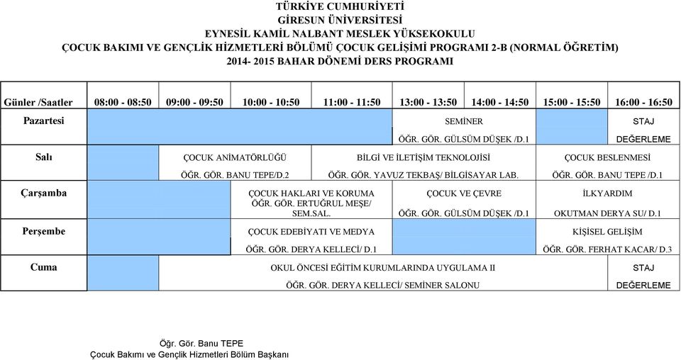 ÖĞR. GÖR. BANU TEPE /D.1 Çarşamba ÇOCUK HAKLARI VE KORUMA ÇOCUK VE ÇEVRE İLKYARDIM ÖĞR. GÖR. ERTUĞRUL MEŞE/ SEM.SAL. ÖĞR. GÖR. GÜLSÜM DÜŞEK /D.1 OKUTMAN DERYA SU/ D.