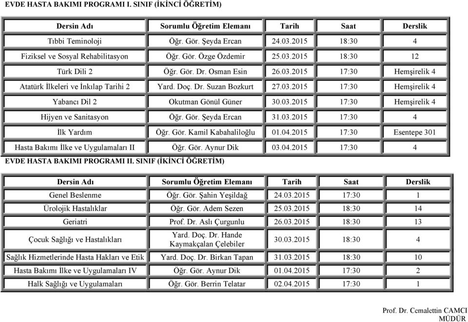 Gör. Şeyda Ercan 31.03.2015 17:30 4 İlk Yardım Öğr. Gör. Kamil Kabahaliloğlu 01.04.2015 17:30 Esentepe 301 Hasta Bakımı İlke ve Uygulamaları II Öğr. Gör. Aynur Dik 03.04.2015 17:30 4 EVDE HASTA BAKIMI PROGRAMI II.