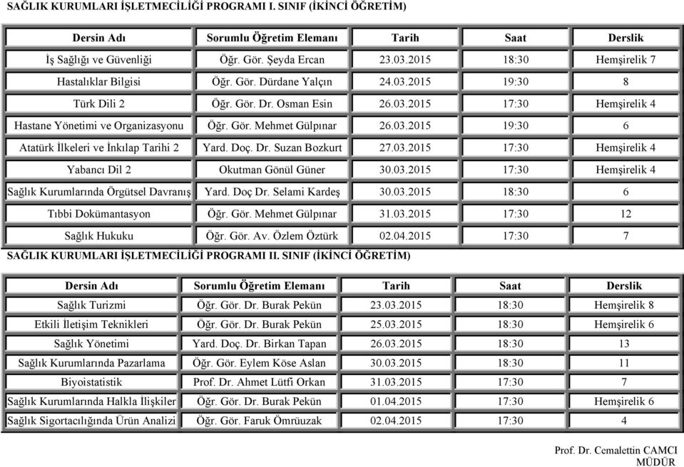 03.2015 17:30 Hemşirelik 4 Yabancı Dil 2 Okutman Gönül Güner 30.03.2015 17:30 Hemşirelik 4 Sağlık Kurumlarında Örgütsel Davranış Yard. Doç Dr. Selami Kardeş 30.03.2015 18:30 6 Tıbbi Dokümantasyon Öğr.