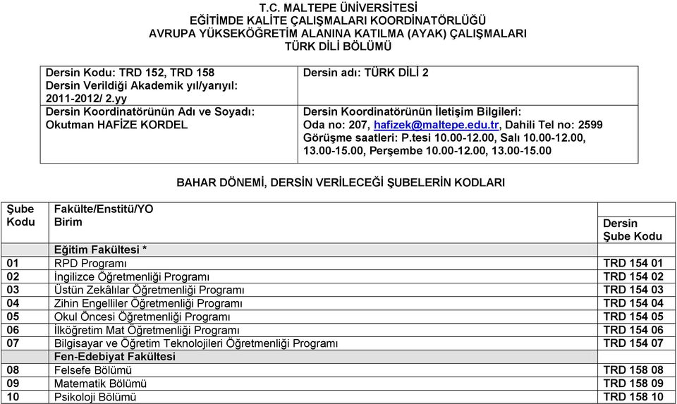 tr, Dahili Tel no: 2599 GörüĢme saatleri: P.tesi 10.00-12.00, Salı 10.00-12.00, 13.00-15.