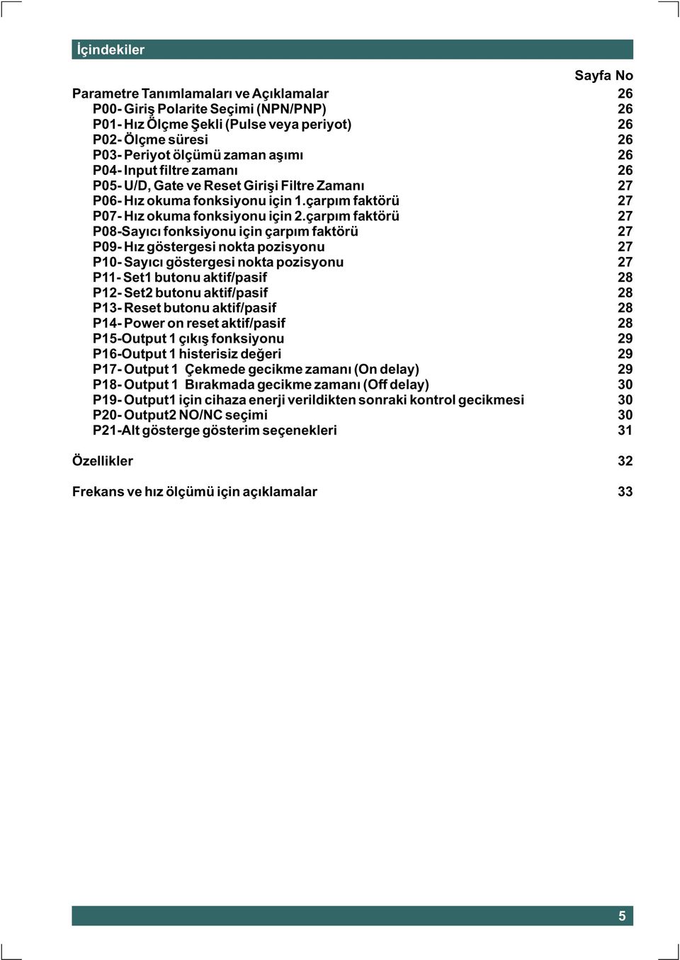 çarpým faktörü P08-Sayýcý fonksiyonu için çarpým faktörü P09- Hýz göstergesi nokta pozisyonu P10- Sayýcý göstergesi nokta pozisyonu P11- butonu aktif/pasif P12- butonu aktif/pasif P13- Reset butonu