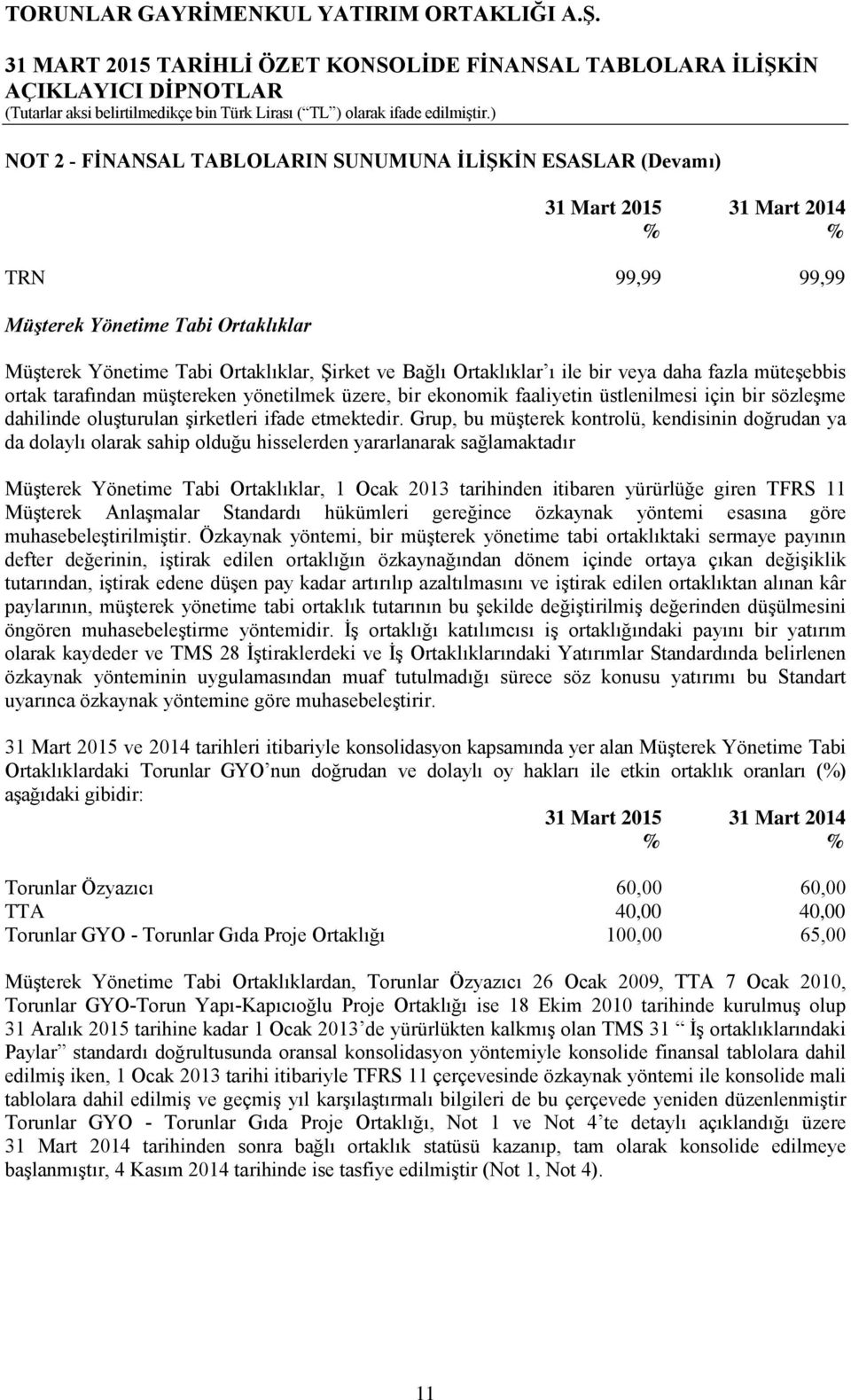 Grup, bu müşterek kontrolü, kendisinin doğrudan ya da dolaylı olarak sahip olduğu hisselerden yararlanarak sağlamaktadır Müşterek Yönetime Tabi Ortaklıklar, 1 Ocak 2013 tarihinden itibaren yürürlüğe