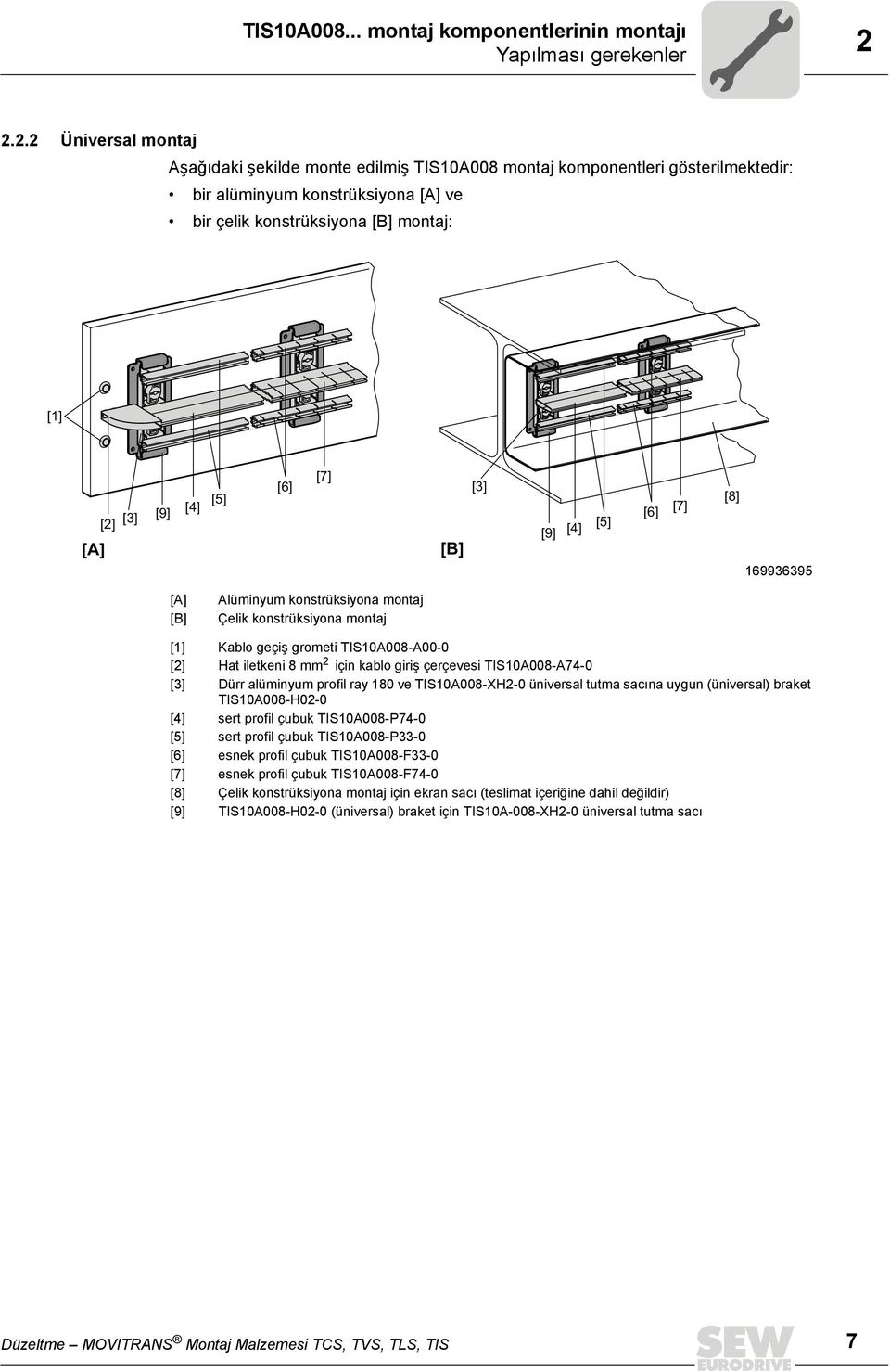 [7] [3] [9] [4] [5] [6] [7] [8] 169936395 Alüminyum konstrüksiyona montaj Çelik konstrüksiyona montaj [1] Kablo geçiş grometi TIS10A008-A00-0 [2] Hat iletkeni 8 mm 2 için kablo giriş çerçevesi