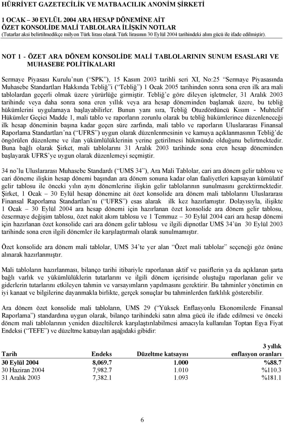 NOT 1 - ÖZET ARA DÖNEM KONSOLİDE MALİ TABLOLARININ SUNUM ESASLARI VE MUHASEBE POLİTİKALARI Sermaye Piyasası Kurulu nun ( SPK ), 15 Kasım 2003 tarihli seri XI, No:25 Sermaye Piyasasında Muhasebe