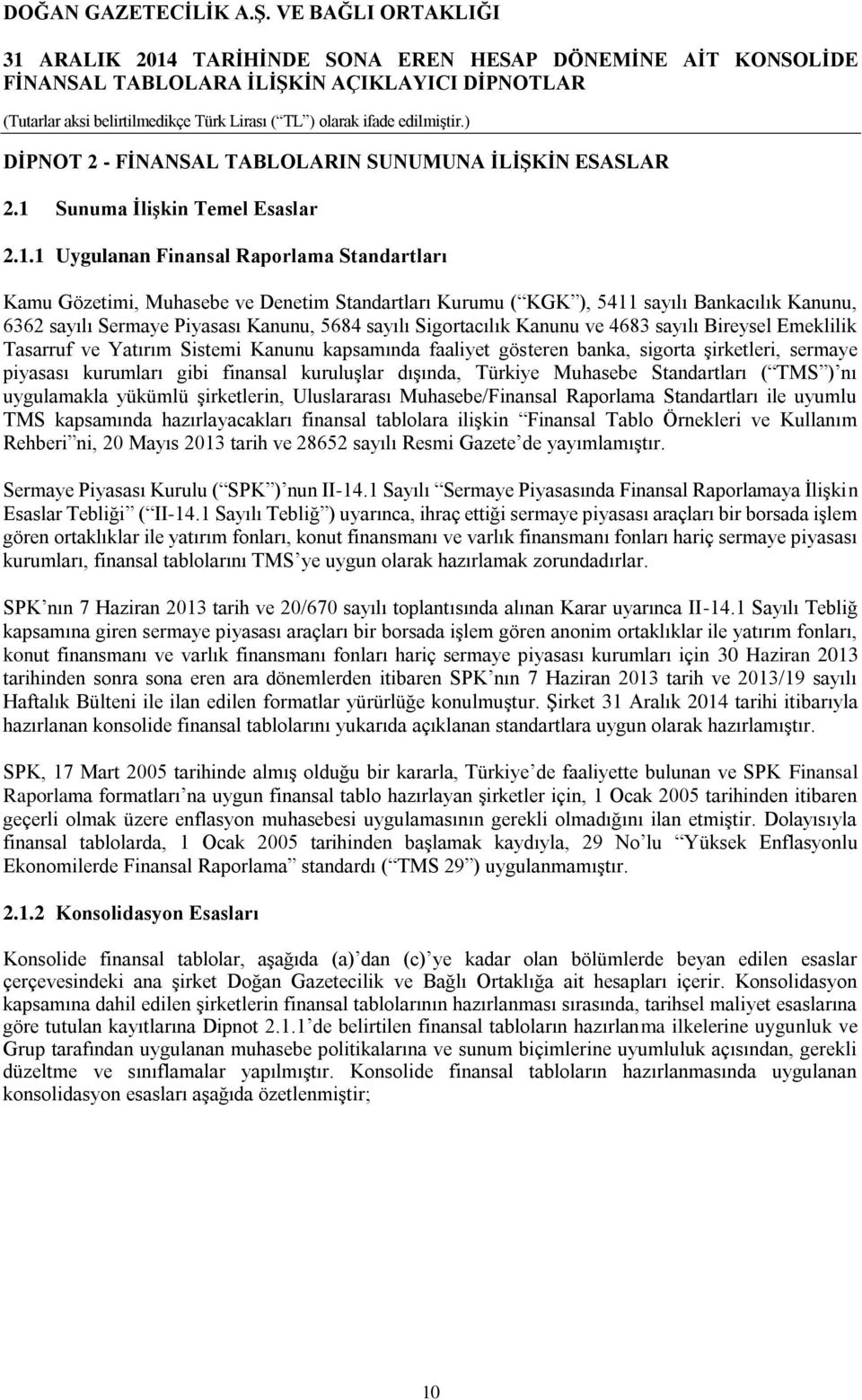 1 Uygulanan Finansal Raporlama Standartları Kamu Gözetimi, Muhasebe ve Denetim Standartları Kurumu ( KGK ), 5411 sayılı Bankacılık Kanunu, 6362 sayılı Sermaye Piyasası Kanunu, 5684 sayılı