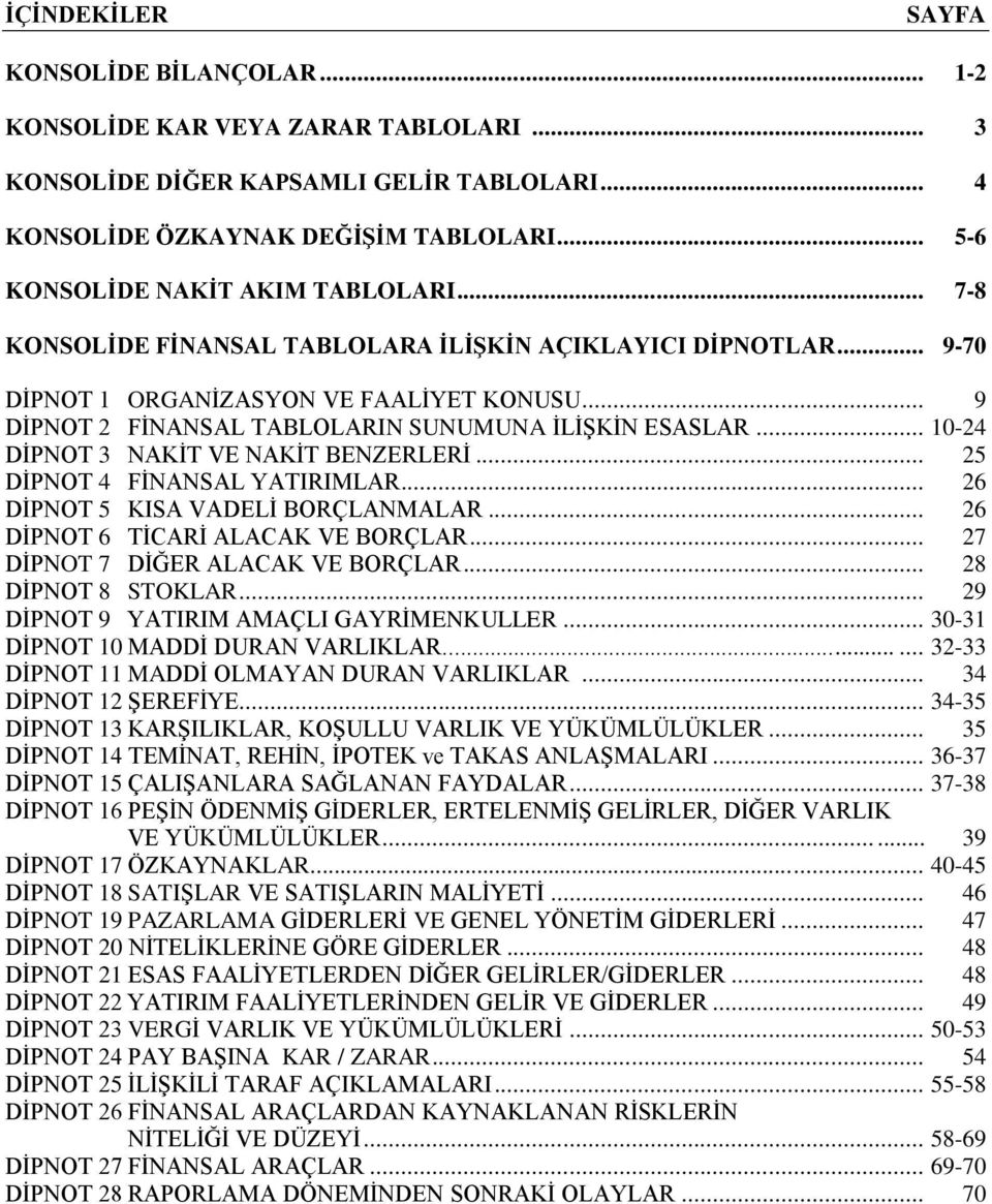 .. 10-24 DİPNOT 3 NAKİT VE NAKİT BENZERLERİ... 25 DİPNOT 4 FİNANSAL YATIRIMLAR... 26 DİPNOT 5 KISA VADELİ BORÇLANMALAR... 26 DİPNOT 6 TİCARİ ALACAK VE BORÇLAR... 27 DİPNOT 7 DİĞER ALACAK VE BORÇLAR.