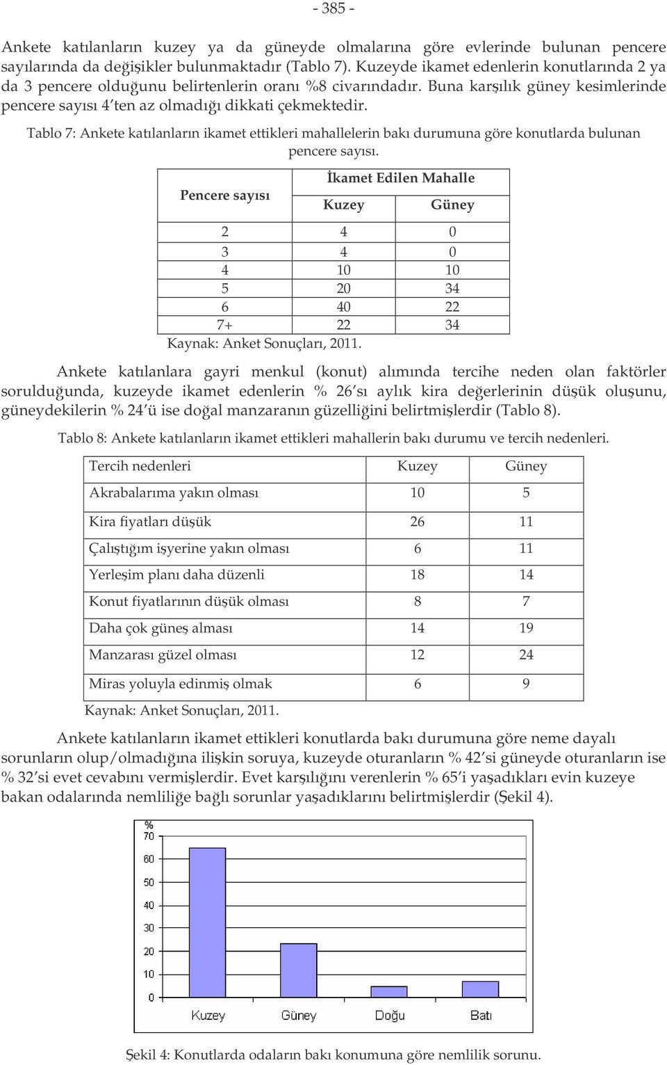 Tablo 7: Ankete katılanların ikamet ettikleri mahallelerin bakı durumuna göre konutlarda bulunan pencere sayısı.