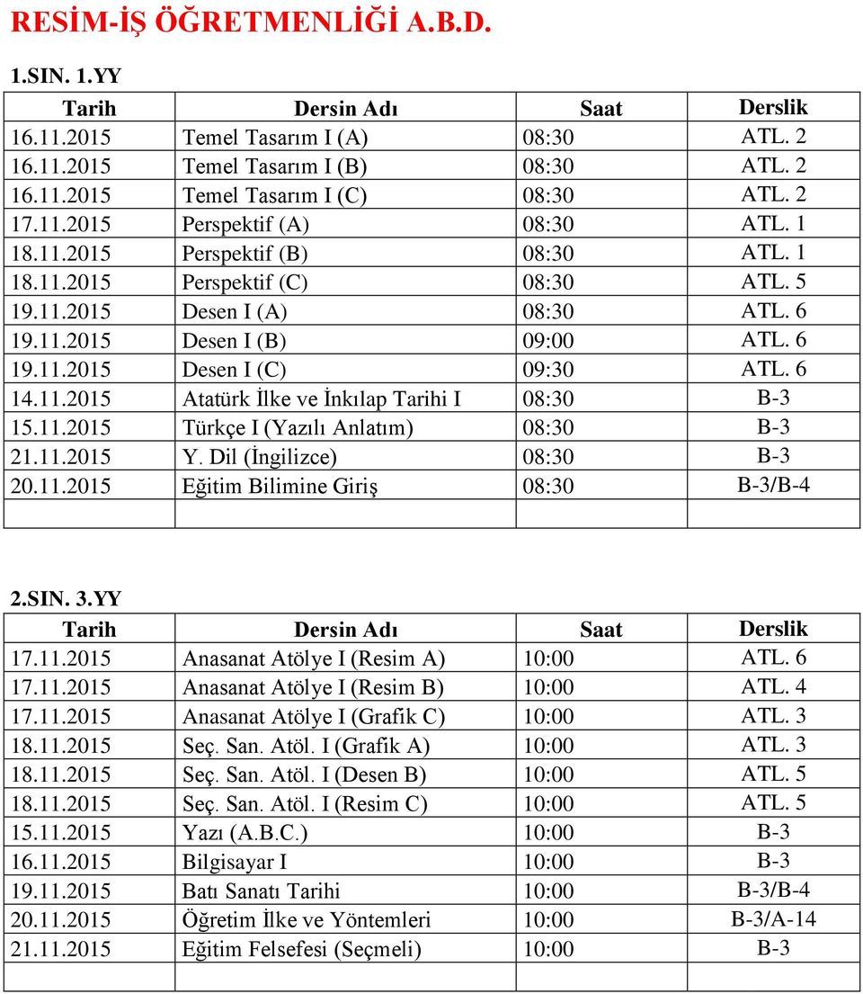 11.2015 Türkçe I (Yazılı Anlatım) 08:30 B-3 21.11.2015 Y. Dil (İngilizce) 08:30 B-3 20.11.2015 Eğitim Bilimine Giriş 08:30 B-3/B-4 2.SIN. 3.YY 17.11.2015 Anasanat Atölye I (Resim A) 10:00 ATL. 6 17.