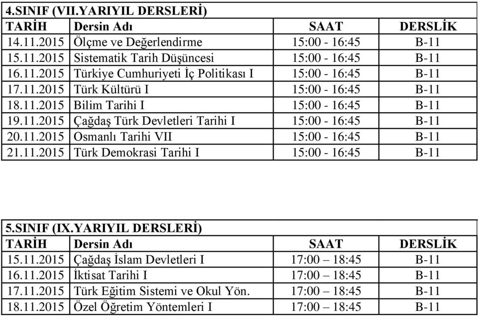 11.2015 Türk Demokrasi Tarihi I 15:00-16:45 B-11 5.SINIF (IX.YARIYIL DERSLERİ) TARİH Dersin Adı SAAT DERSLİK 15.11.2015 Çağdaş İslam Devletleri I 17:00 18:45 B-11 16.11.2015 İktisat Tarihi I 17:00 18:45 B-11 17.