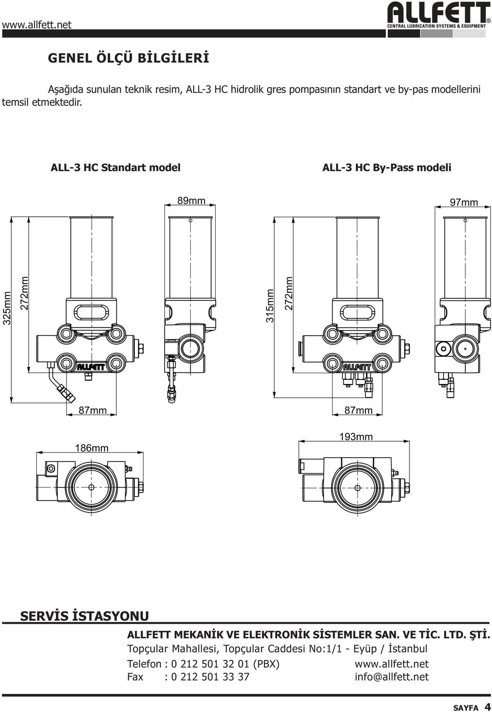 ALL3 HC Standart model ALL3 HC ByPass modeli 89mm 97mm 325mm 272mm 315mm 272mm 87mm 186mm 87mm 193mm SERVÝS