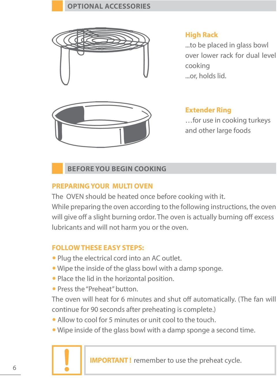 While preparing the oven according to the following instructions, the oven will give off a slight burning ordor. The oven is actually burning off excess lubricants and will not harm you or the oven.