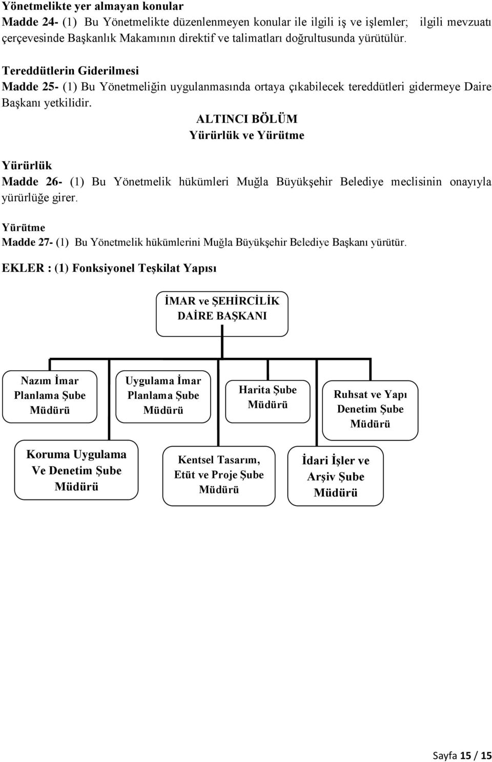 ALTINCI BÖLÜM Yürürlük ve Yürütme Yürürlük Madde 26- (1) Bu Yönetmelik hükümleri Muğla Büyükşehir Belediye meclisinin onayıyla yürürlüğe girer.