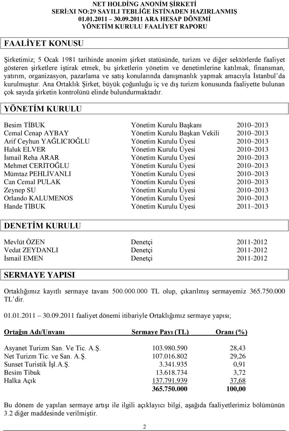 Ana Ortaklık ġirket, büyük çoğunluğu iç ve dıģ turizm konusunda faaliyette bulunan çok sayıda Ģirketin kontrolünü elinde bulundurmaktadır.