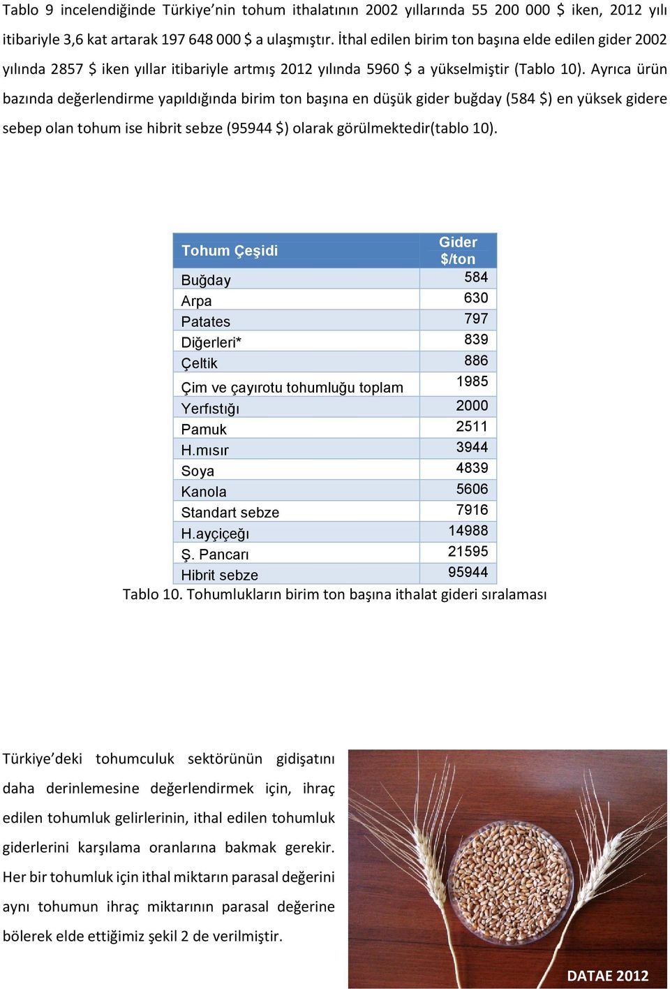 Ayrıca ürün bazında değerlendirme yapıldığında birim ton başına en düşük gider buğday (584 $) en yüksek gidere sebep olan tohum ise hibrit sebze (95944 $) olarak görülmektedir(tablo 10).