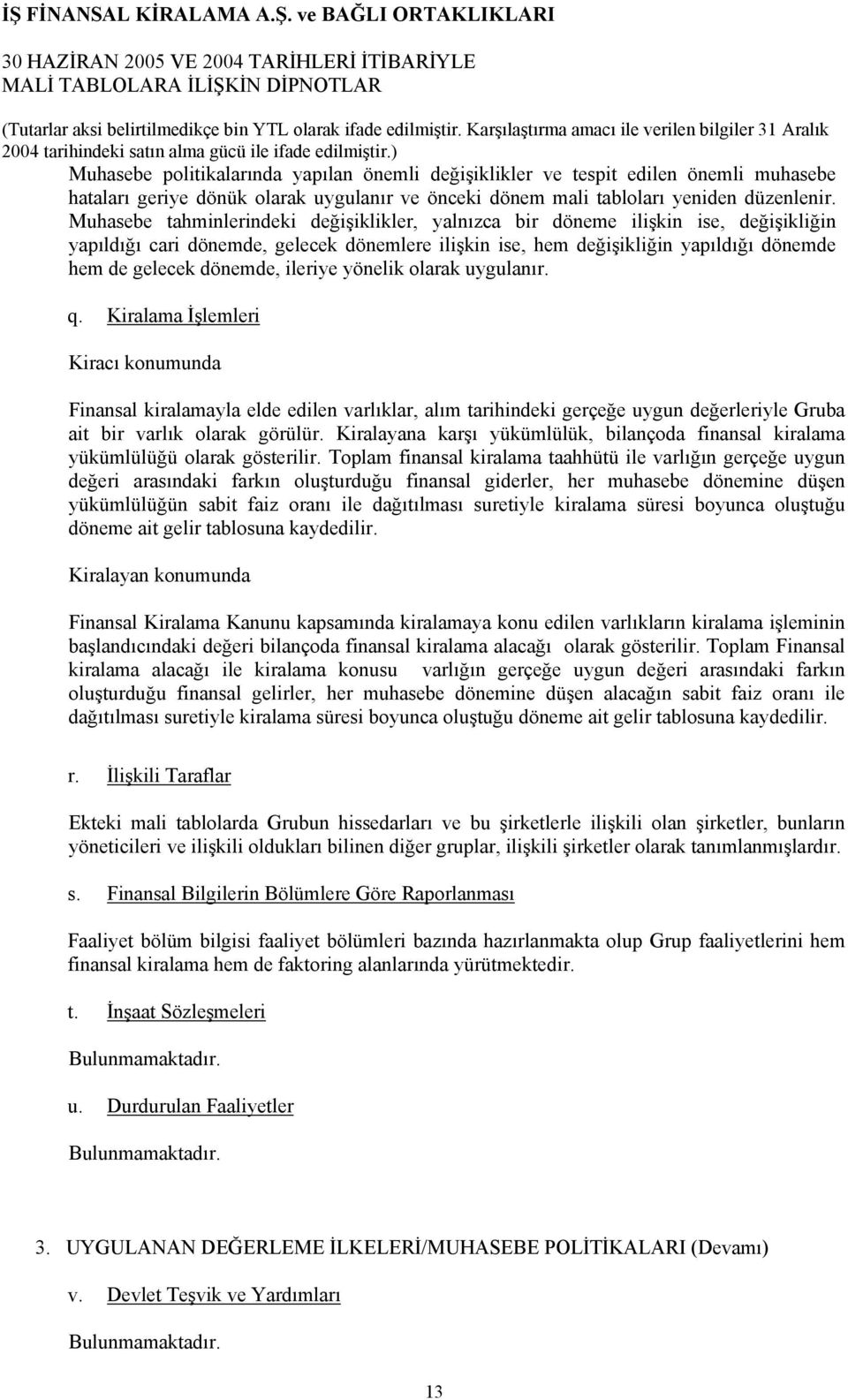 ileriye yönelik olarak uygulanır. q. Kiralama İşlemleri Kiracı konumunda Finansal kiralamayla elde edilen varlıklar, alım tarihindeki gerçeğe uygun değerleriyle Gruba ait bir varlık olarak görülür.