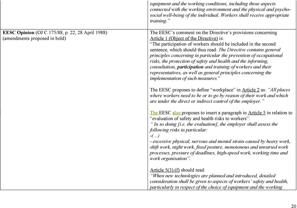 22, 28 April 1988) (amendments proposed in bold) The EESC s comment on the Directive s provisions concerning Article 1 (Object of the Directive) is: The participation of workers should be included in