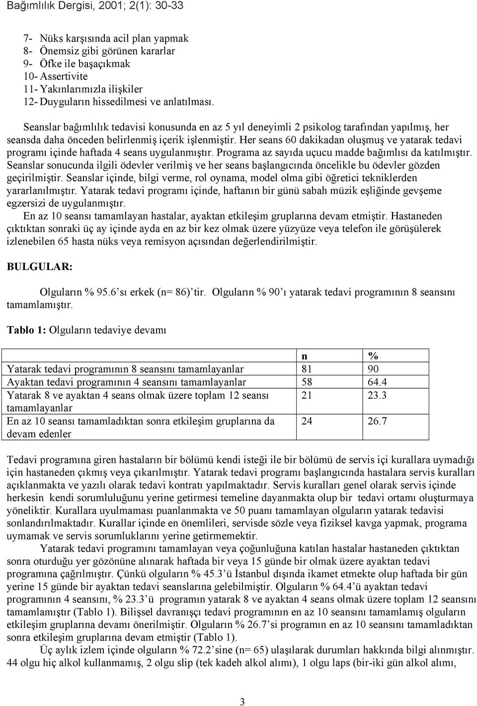 Her seans 60 dakikadan oluşmuş ve yatarak tedavi programı içinde haftada 4 seans uygulanmıştır. Programa az sayıda uçucu madde bağımlısı da katılmıştır.