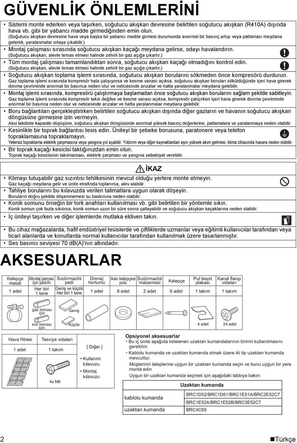 ) Montaj çalışması sırasında soğutucu akışkan kaçağı meydana gelirse, odayı havalandırın. (Soğutucu akışkan, alevle temas etmesi halinde zehirli bir gaz açığa çıkartır.