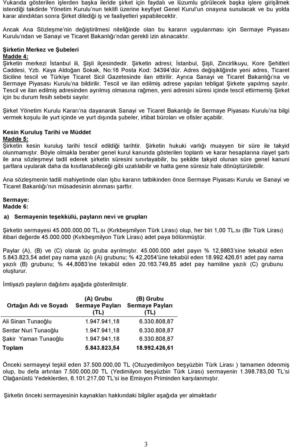 Ancak Ana Sözleşme nin değiştirilmesi niteliğinde olan bu kararın uygulanması için Sermaye Piyasası Kurulu ndan ve Sanayi ve Ticaret Bakanlığı ndan gerekli izin alınacaktır.