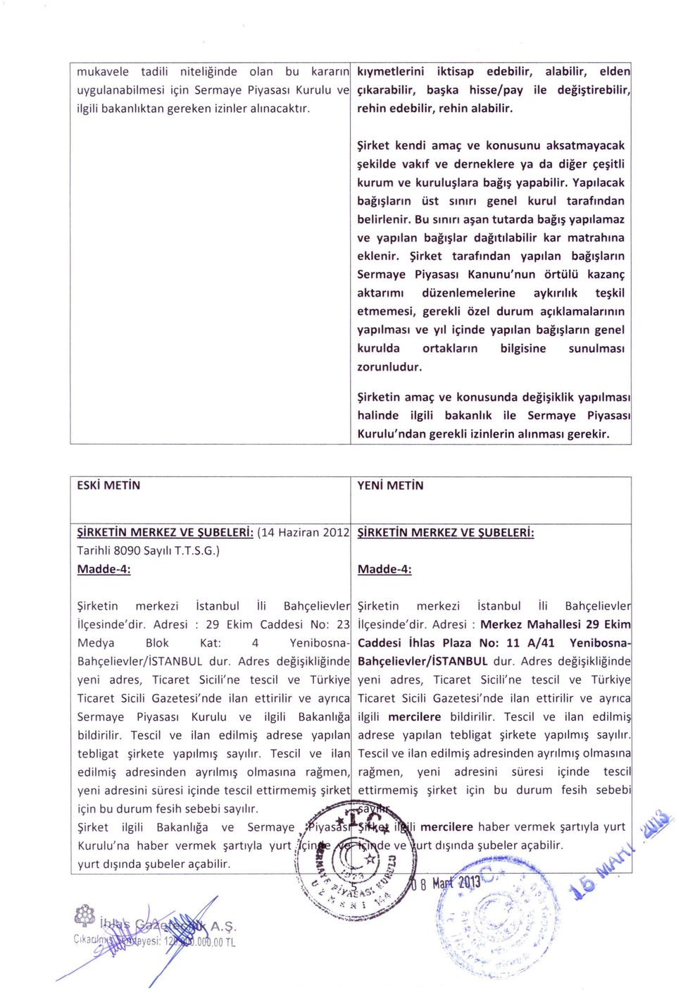 Şirket kendi amaç ve konusunu aksatmayacak şekilde vakıf ve derneklere ya da diğer çeşitli kurum ve kuruluşlara bağış yapabilir. Yapılacak bağışların üst sınırı genel kurul tarafından belirlenir.