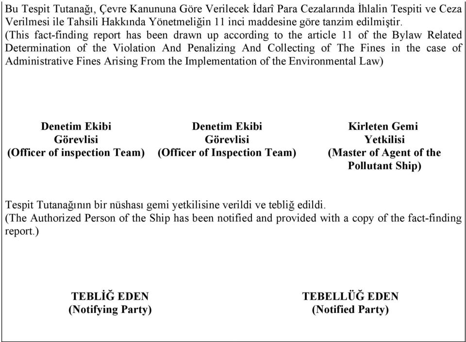 Fines Arising From the Implementation of the Environmental Law) Denetim Ekibi Denetim Ekibi Kirleten Gemi Görevlisi Görevlisi Yetkilisi (Officer of inspection Team) (Officer of Inspection Team)