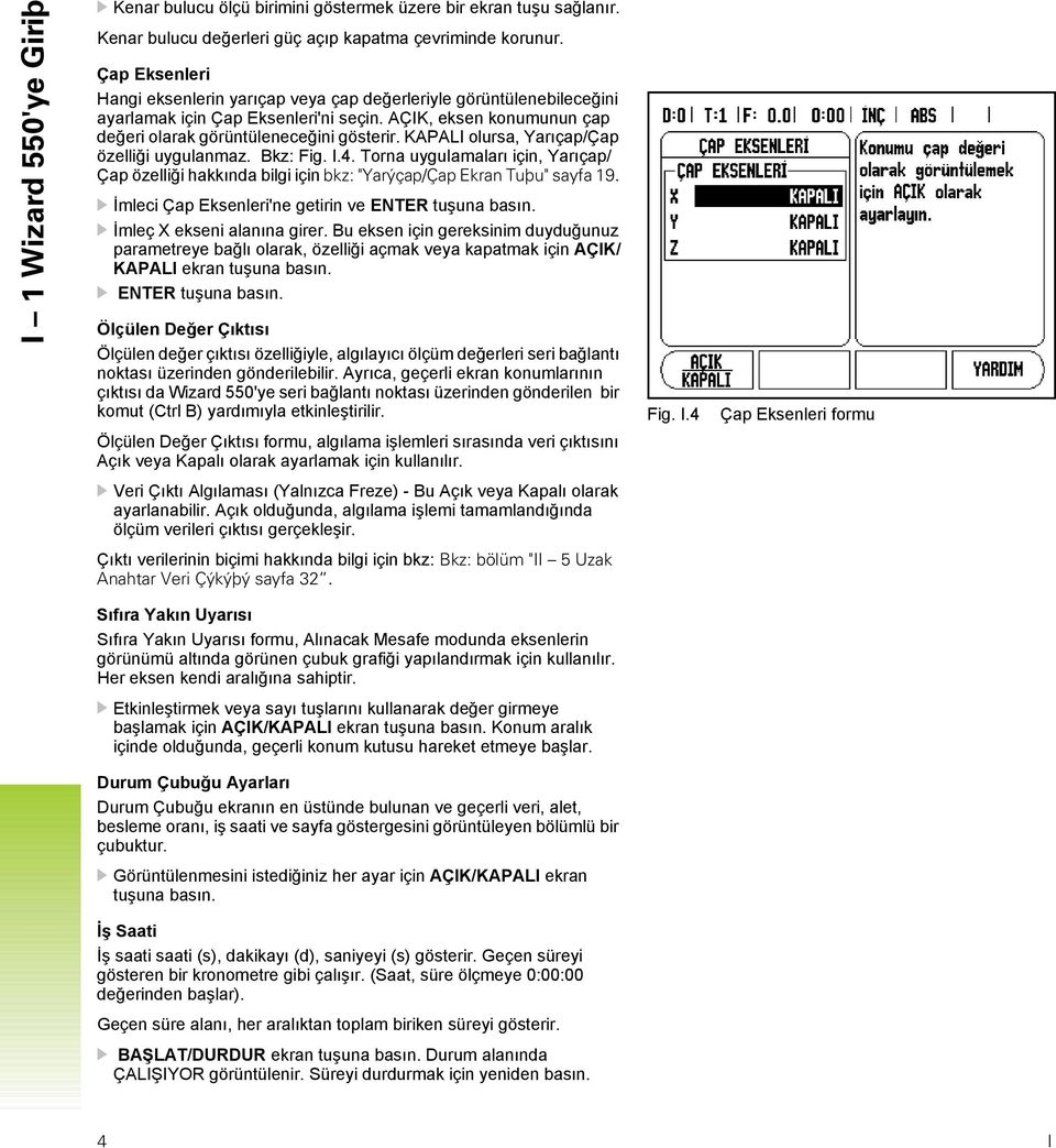 KAPALI olursa, Yarıçap/Çap özelliği uygulanmaz. Bkz: Fig. I.4. Torna uygulamaları için, Yarıçap/ Çap özelliği hakkında bilgi için bkz: "Yarýçap/Çap Ekran Tuþu" sayfa 19.