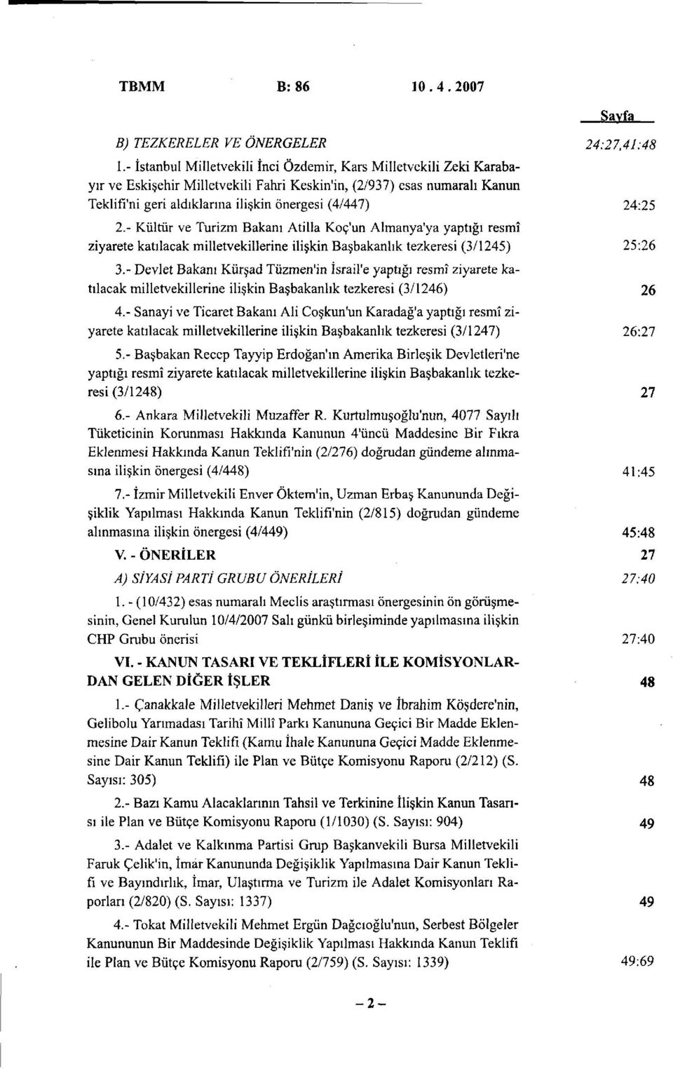 24:25 2.- Kültür ve Turizm Bakanı Atilla Koç'un Almanya'ya yaptığı resmî ziyarete katılacak milletvekillerine ilişkin Başbakanlık tezkeresi (3/1245) 25:26 3.