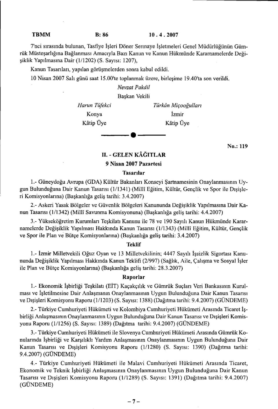 Dair (1/1202) (S. Sayısı: 1207), Kanun Tasarıları, yapılan görüşmelerden sonra kabul edildi. 10 Nisan 2007 Salı günü saat 15.00'te toplanmak üzere, birleşime 19.40'ta son verildi.