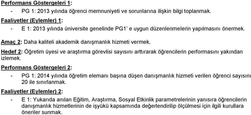 Performans Göstergeleri 2: - PG 1: 2014 yılında öğretim elemanı baģına düģen danıģmanlık hizmeti verilen öğrenci sayısını 20 ile sınırlanmak.