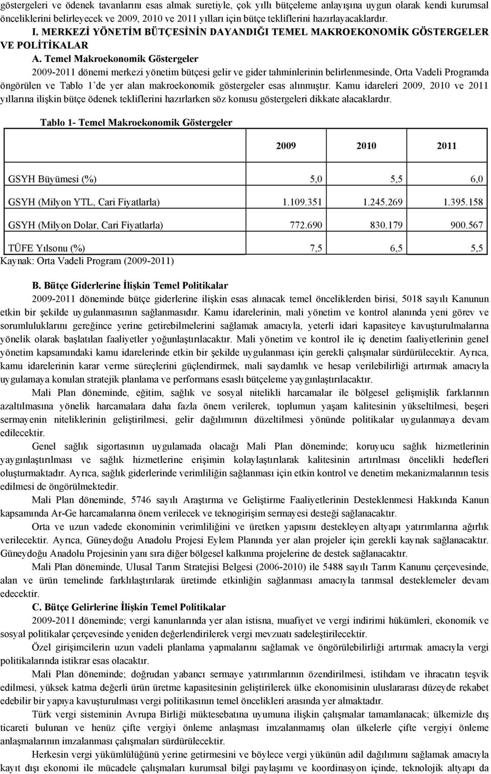 Temel Makroekonomik Göstergeler 2009-2011 dönemi merkezi yönetim bütçesi gelir ve gider tahminlerinin belirlenmesinde, Orta Vadeli Programda öngörülen ve Tablo 1 de yer alan makroekonomik göstergeler