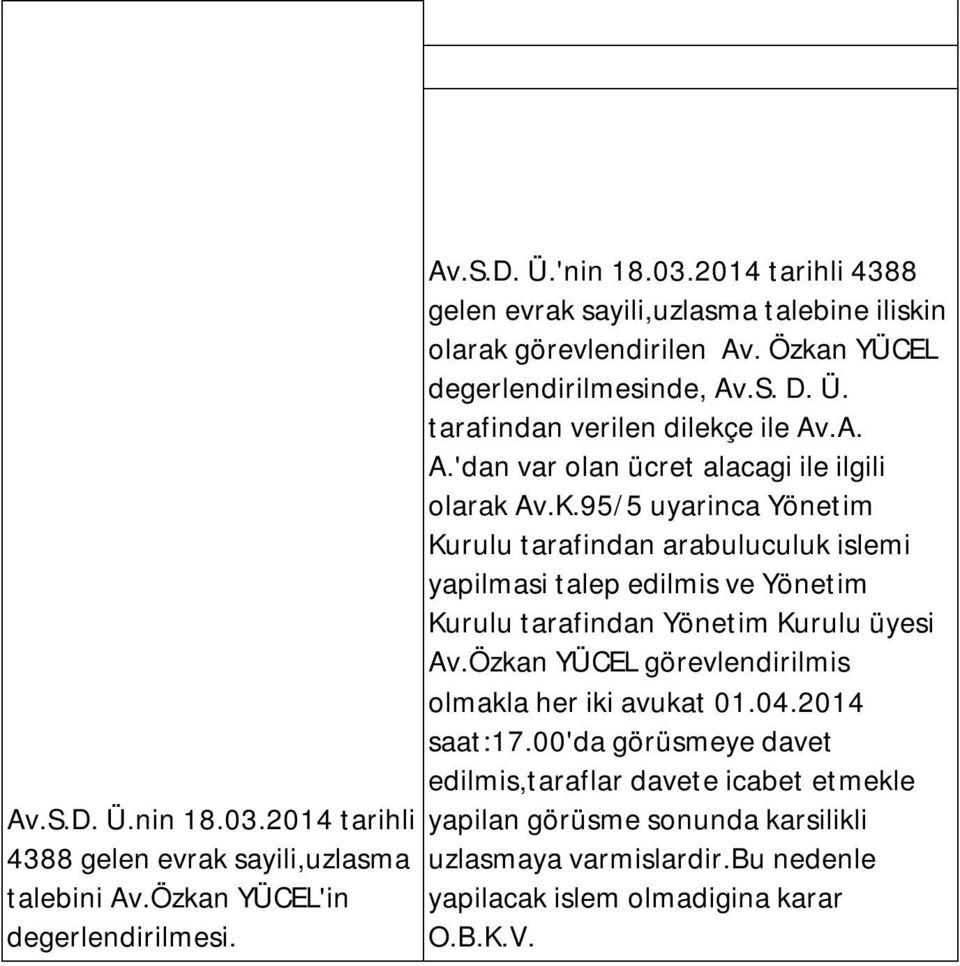 95/5 uyarinca Yönetim Kurulu tarafindan arabuluculuk islemi yapilmasi talep edilmis ve Yönetim Kurulu tarafindan Yönetim Kurulu üyesi Av.