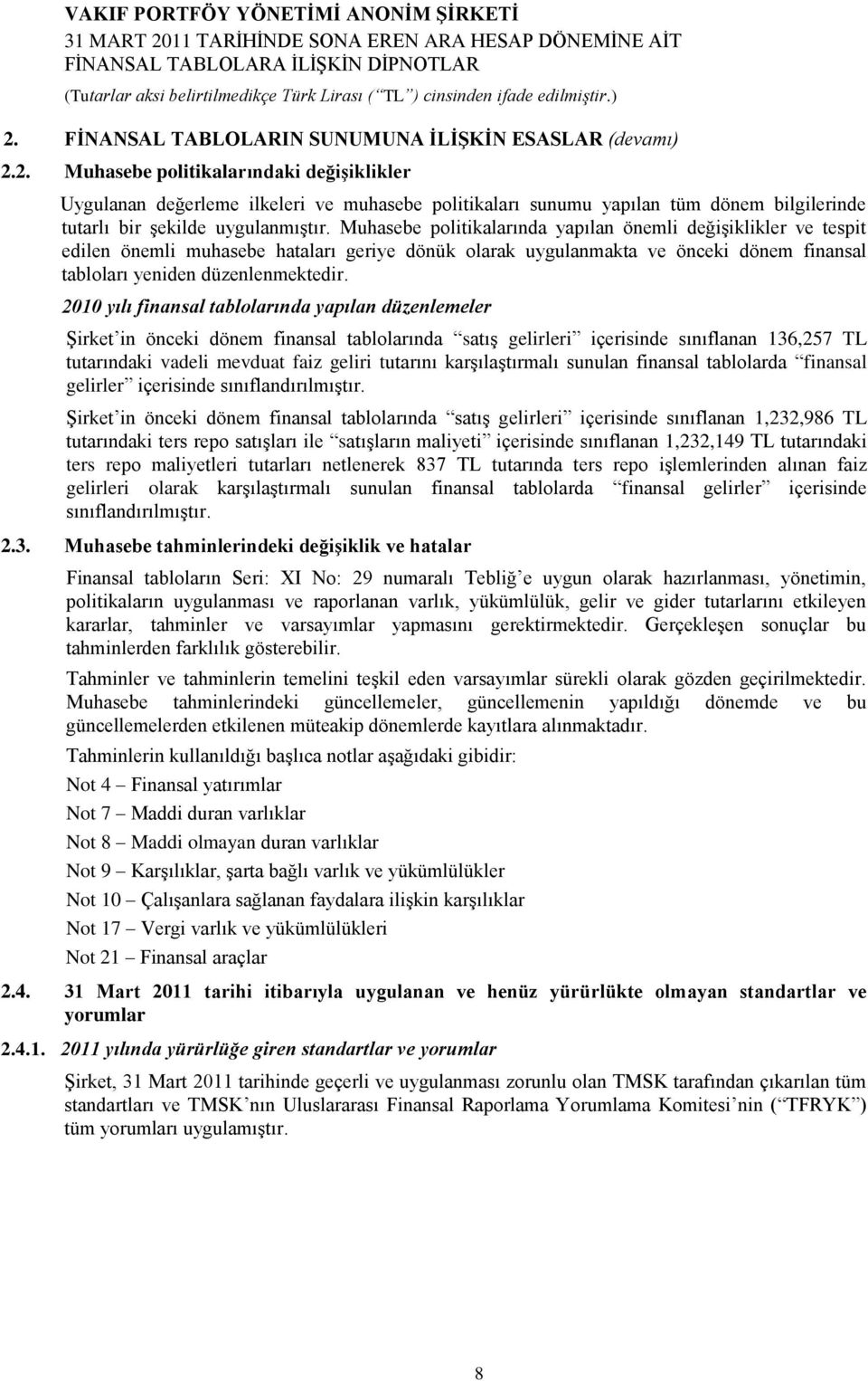 2010 yılı finansal tablolarında yapılan düzenlemeler Şirket in önceki dönem finansal tablolarında satış gelirleri içerisinde sınıflanan 136,257 TL tutarındaki vadeli mevduat faiz geliri tutarını