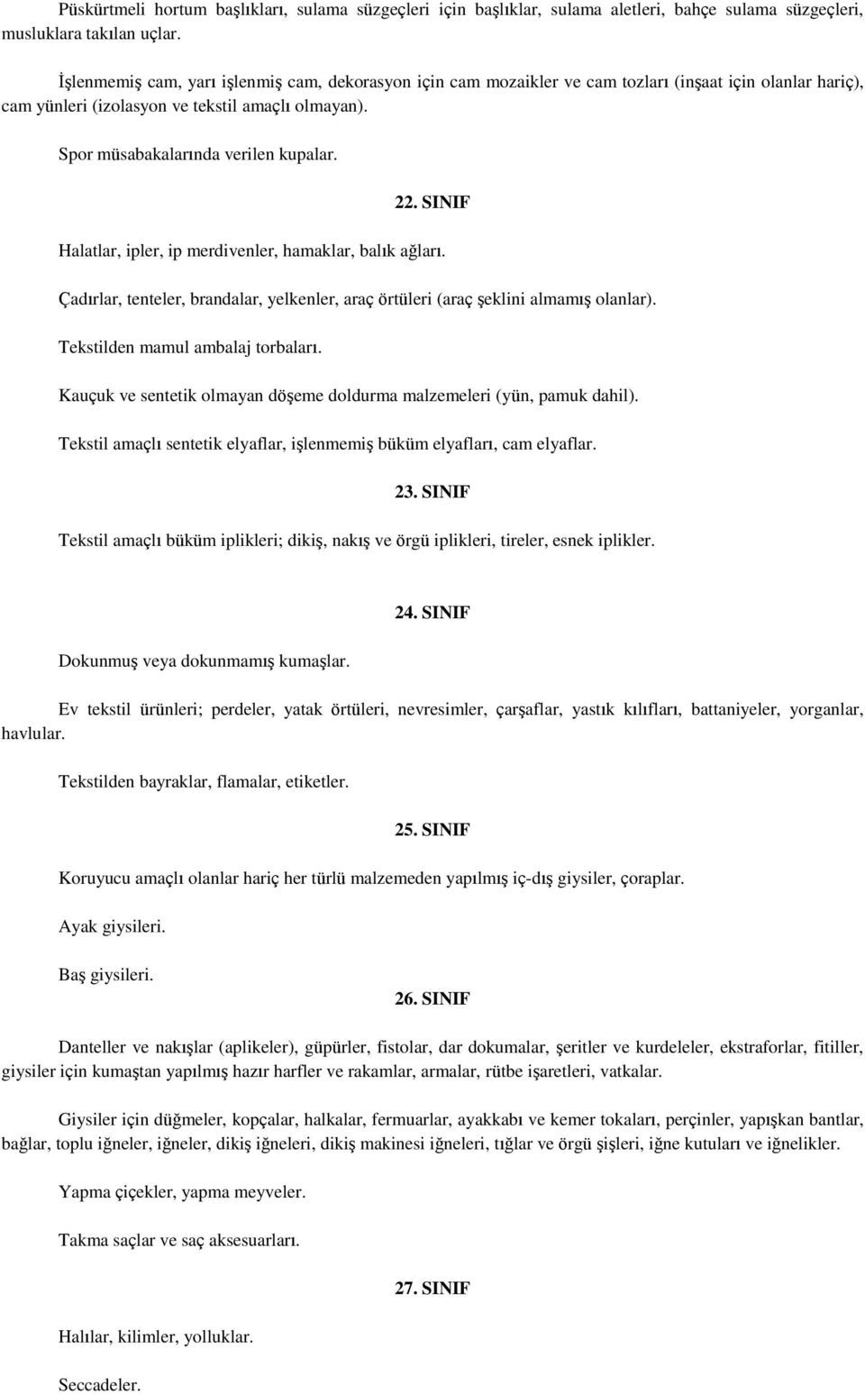 22. SINIF Halatlar, ipler, ip merdivenler, hamaklar, balık ağları. Çadırlar, tenteler, brandalar, yelkenler, araç örtüleri (araç şeklini almamış olanlar). Tekstilden mamul ambalaj torbaları.