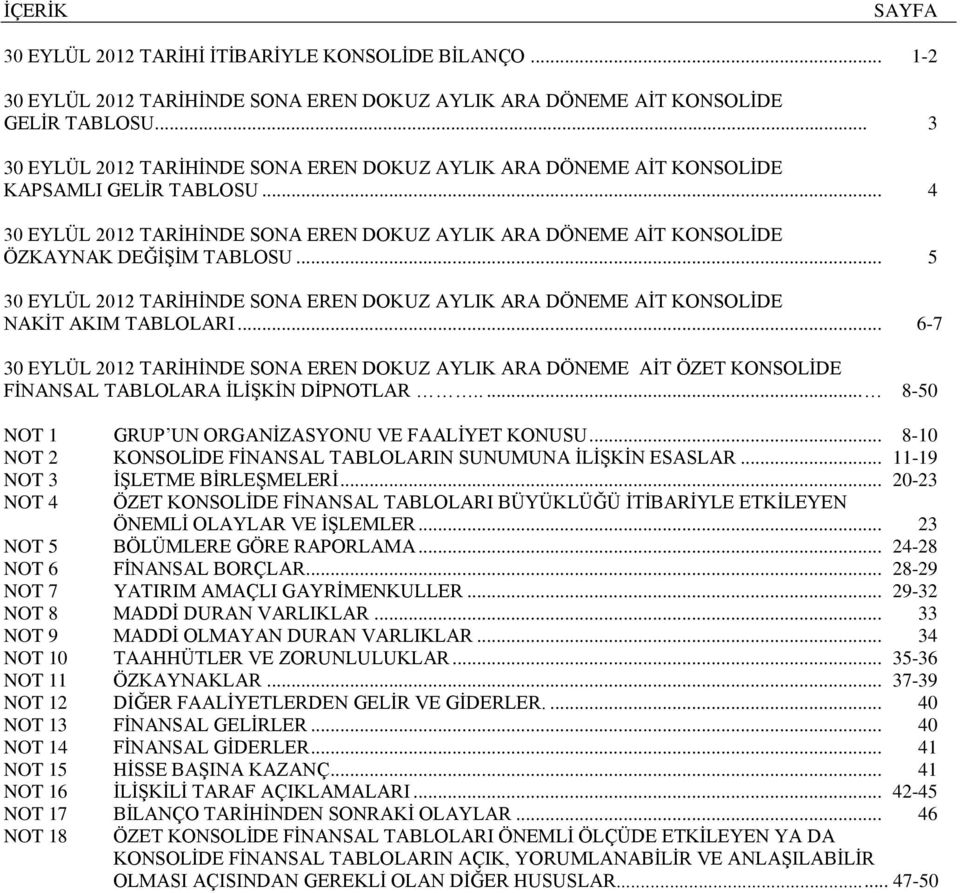 .. 5 30 EYLÜL 2012 TARİHİNDE SONA EREN DOKUZ AYLIK ARA DÖNEME AİT KONSOLİDE NAKİT AKIM TABLOLARI.