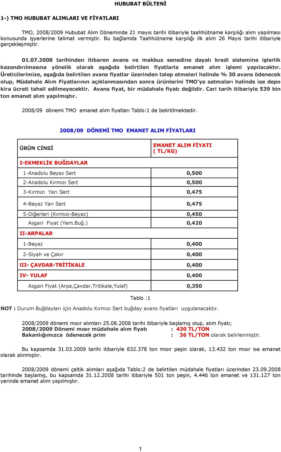 2008 tarihinden itibaren avans ve makbuz senedine dayalı kredi sistemine işlerlik kazandırılmasına yönelik olarak aşağıda belirtilen fiyatlarla emanet alım işlemi yapılacaktır.