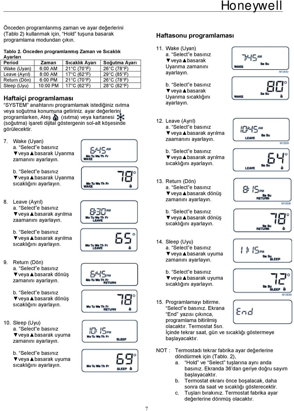 PM 21 C (70 F) 26 C (78 F) Sleep (Uyu) 10:00 PM 17 C (62 F) 28 C (82 F) Haftaiçi programlaması SYSTEM anahtarını programlamak istediğiniz ısıtma veya soğutma konumuna getiriniz.