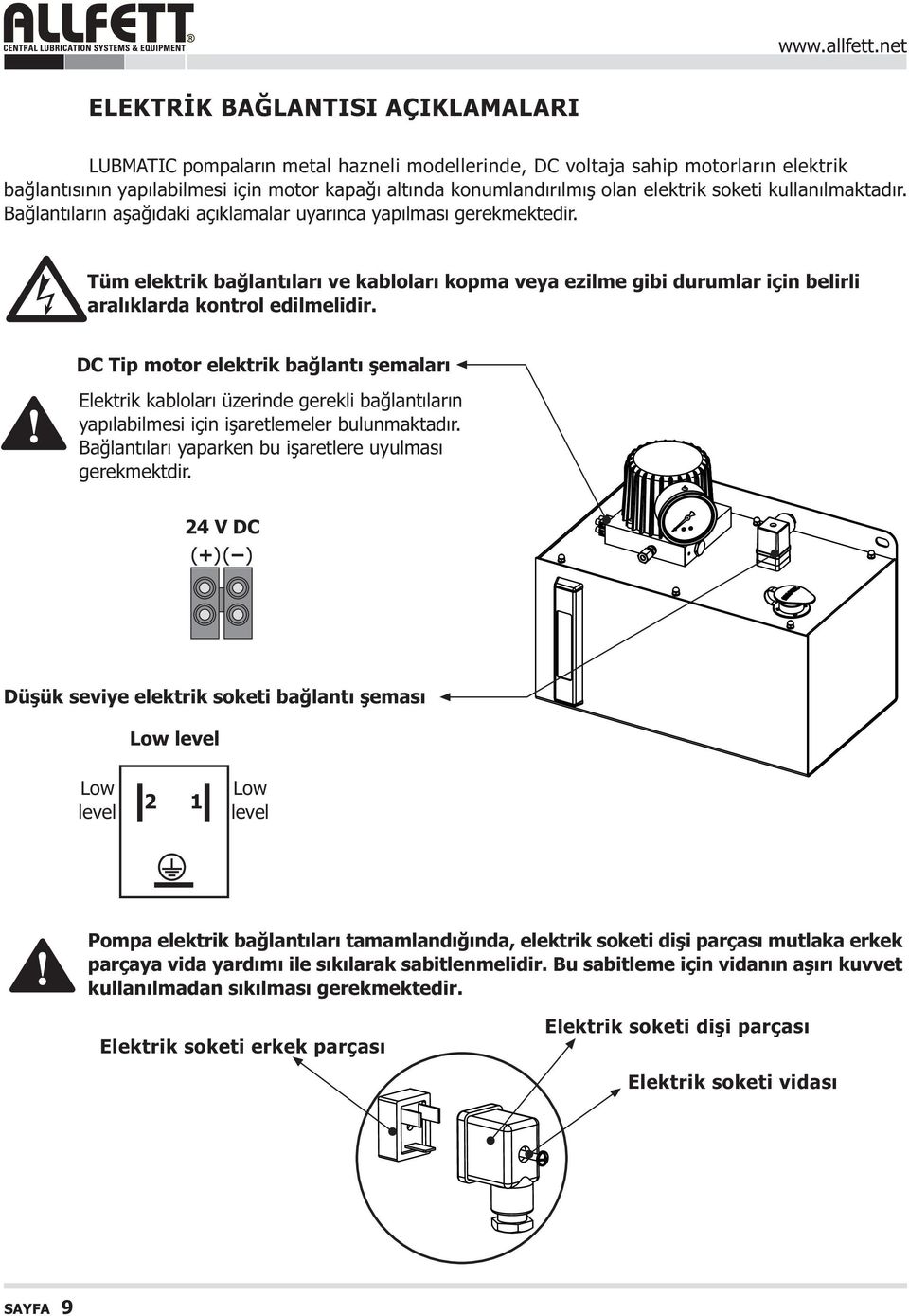 Tüm elektrik baðlantýlarý ve kablolarý kopma veya ezilme gibi durumlar için belirli aralýklarda kontrol edilmelidir.