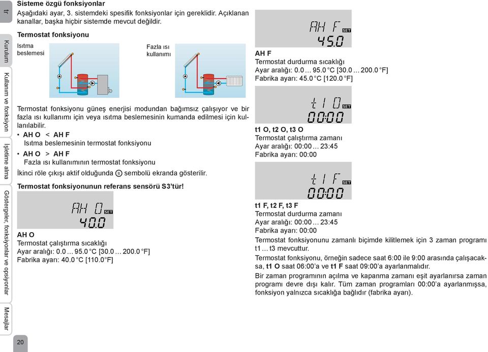 Termostat fonksiyonu Isıtma beslemesi Fazla ısı kullanımı Termostat fonksiyonu güneş enerjisi modundan bağımsız çalışıyor ve bir fazla ısı kullanımı için veya ısıtma beslemesinin kumanda edilmesi