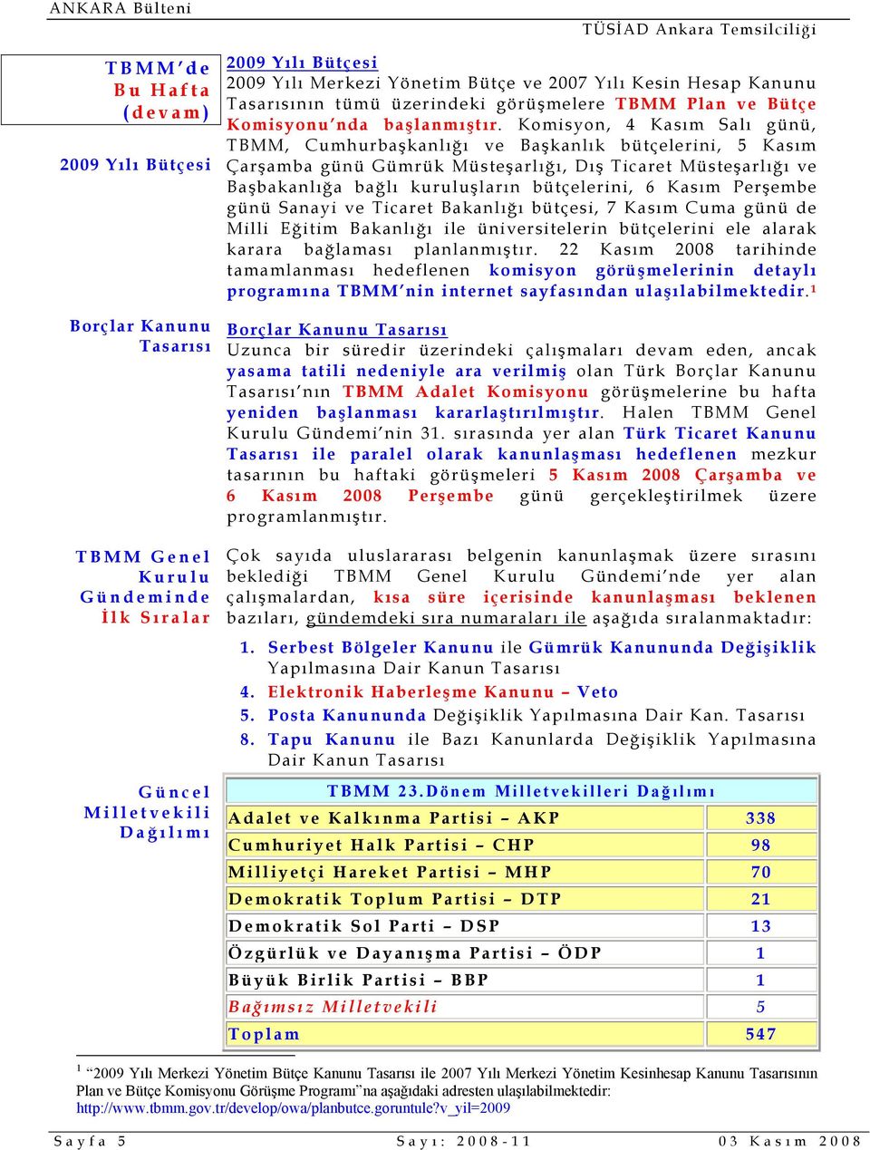 Komisyon, 4 Kasım Salı günü, TBMM, Cumhurbaşkanlığı ve Başkanlık bütçelerini, 5 Kasım Çarşamba günü Gümrük Müsteşarlığı, Dış Ticaret Müsteşarlığı ve Başbakanlığa bağlı kuruluşların bütçelerini, 6