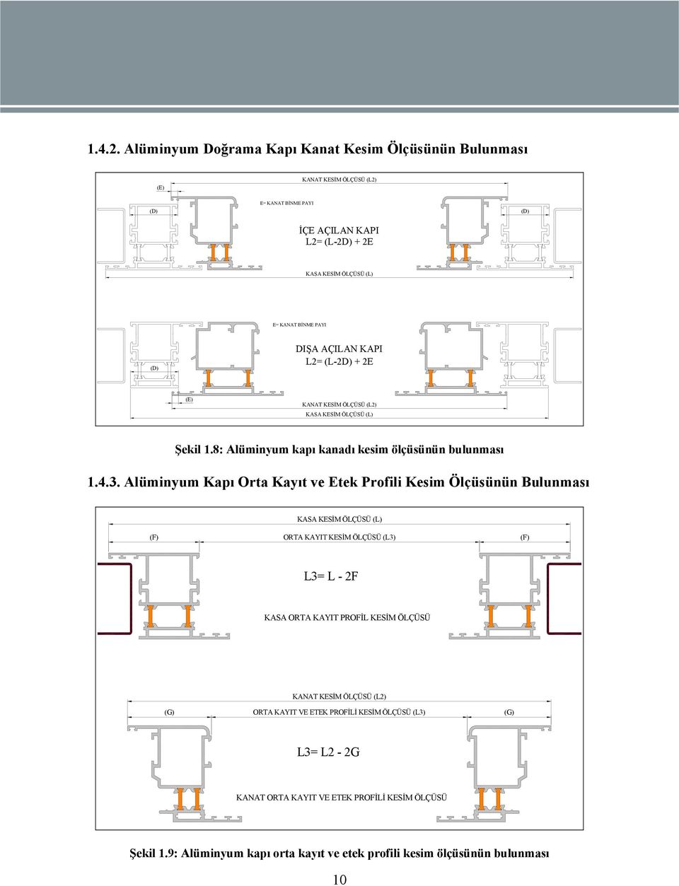 PAYI (D) DIŞA AÇILAN KAPI L2= (L-2D) + 2E (E) KANAT KESİM ÖLÇÜSÜ (L2) KASA KESİM ÖLÇÜSÜ (L) Şekil 1.8: Alüminyum kapı kanadı kesim ölçüsünün bulunması 1.4.3.