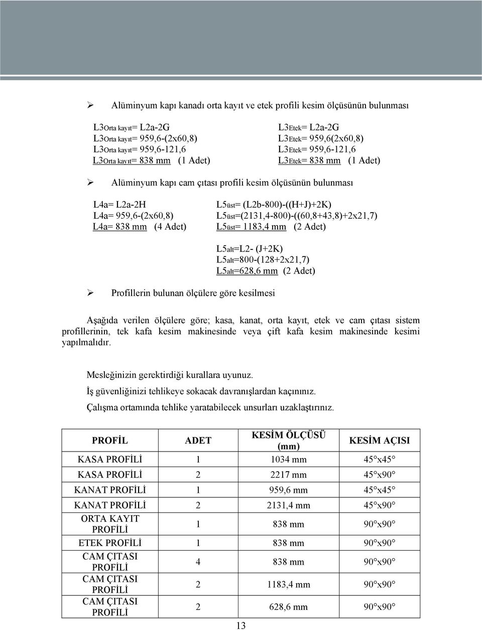 (L2b-800)-((H+J)+2K) L5üst=(2131,4-800)-((60,8+43,8)+2x21,7) L5üst= 1183,4 mm (2 Adet) L5alt=L2- (J+2K) L5alt=800-(128+2x21,7) L5alt=628,6 mm (2 Adet) Profillerin bulunan ölçülere göre kesilmesi