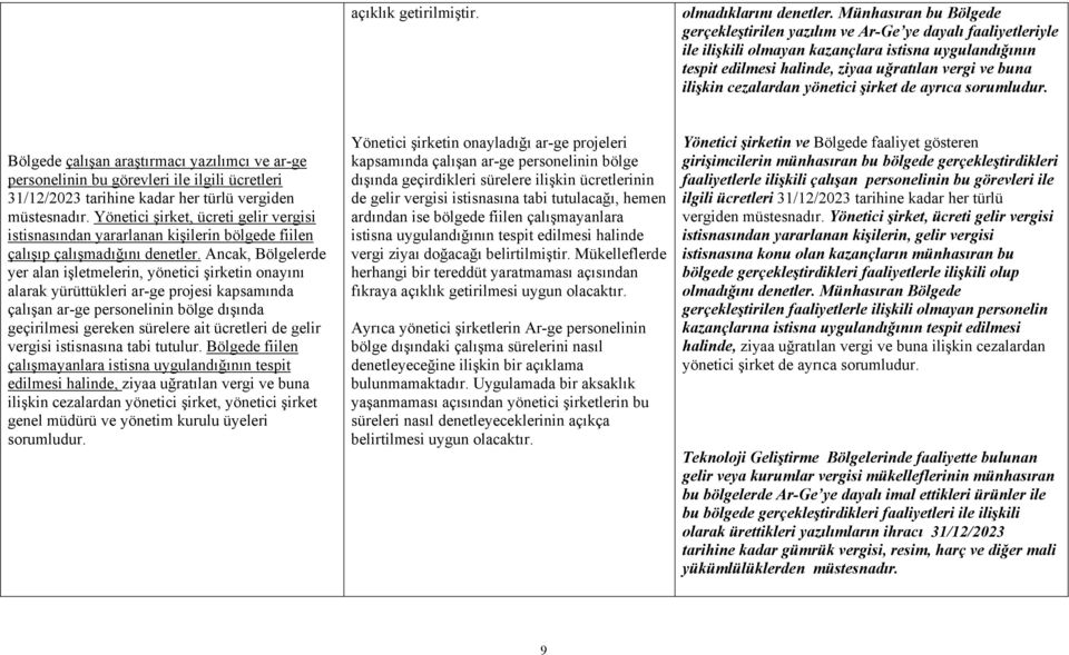 cezalardan yönetici şirket de ayrıca sorumludur. Bölgede çalışan araştırmacı yazılımcı ve ar-ge personelinin bu görevleri ile ilgili ücretleri 31/12/2023 tarihine kadar her türlü vergiden müstesnadır.