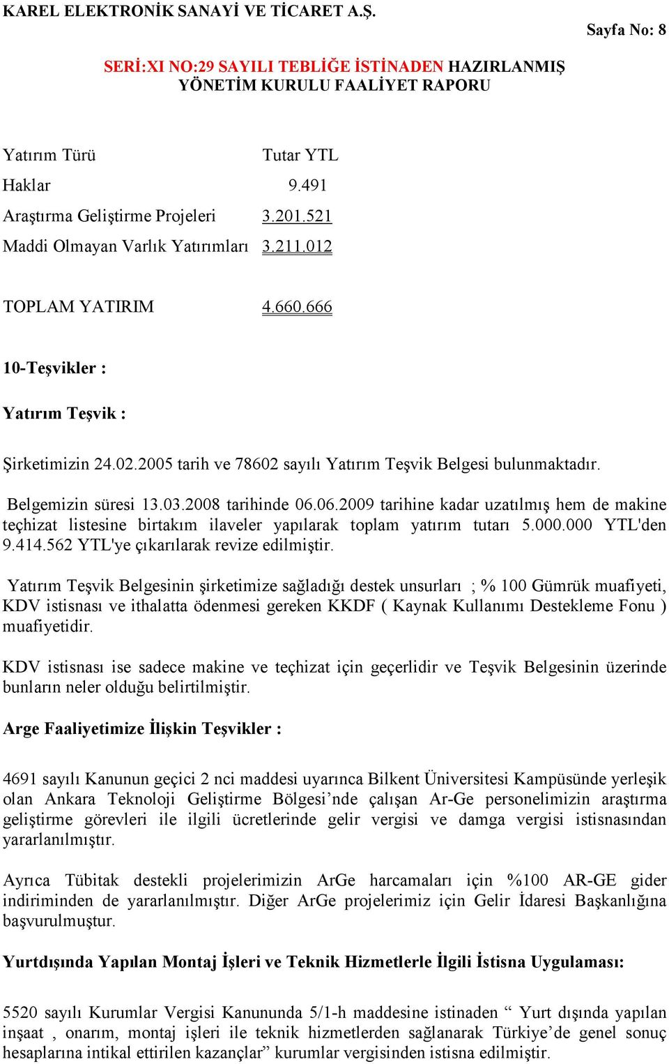 06.2009 tarihine kadar uzatılmış hem de makine teçhizat listesine birtakım ilaveler yapılarak toplam yatırım tutarı 5.000.000 YTL'den 9.414.562 YTL'ye çıkarılarak revize edilmiştir.