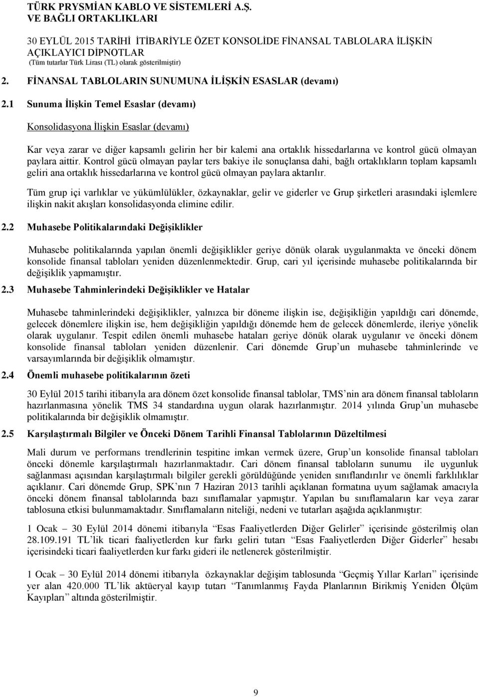 aittir. Kontrol gücü olmayan paylar ters bakiye ile sonuçlansa dahi, bağlı ortaklıkların toplam kapsamlı geliri ana ortaklık hissedarlarına ve kontrol gücü olmayan paylara aktarılır.