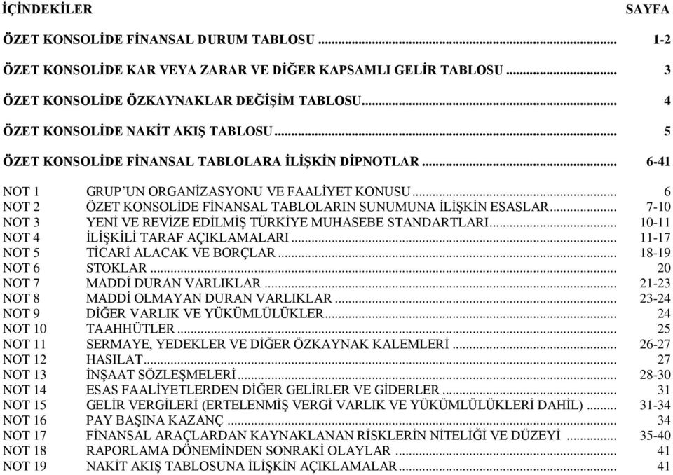 .. 6 NOT 2 ÖZET KONSOLİDE FİNANSAL TABLOLARIN SUNUMUNA İLİŞKİN ESASLAR... 7-10 NOT 3 YENİ VE REVİZE EDİLMİŞ TÜRKİYE MUHASEBE STANDARTLARI... 10-11 NOT 4 İLİŞKİLİ TARAF AÇIKLAMALARI.